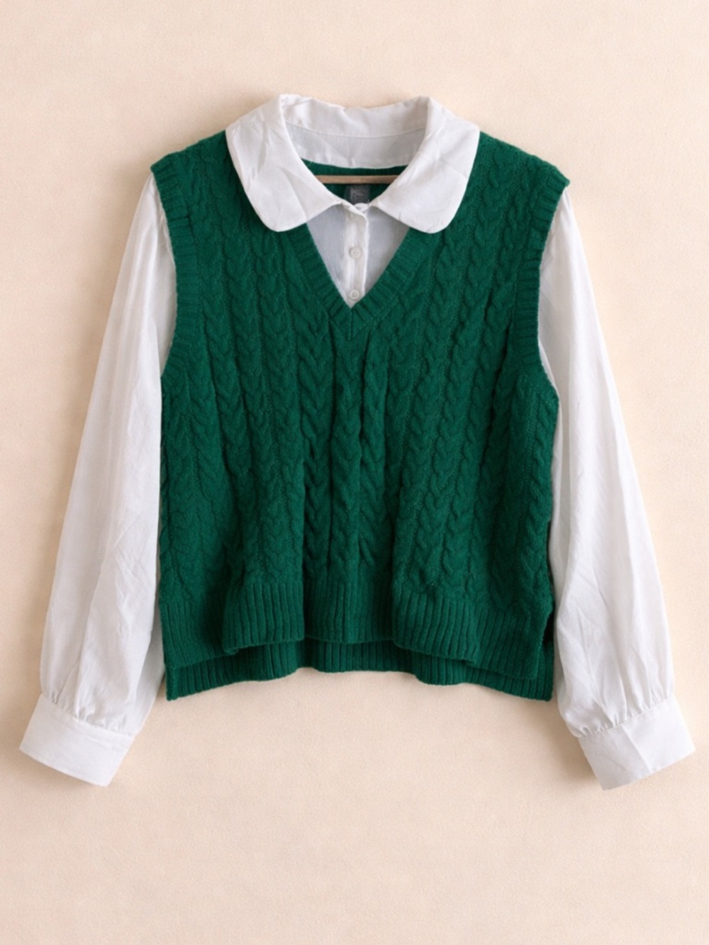 Christian Siriano White Collared Blouse Green Cable Knit Sweater Vest Preppy - Picture 1 of 13